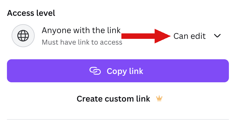 Access level set to Can edit with red arrow