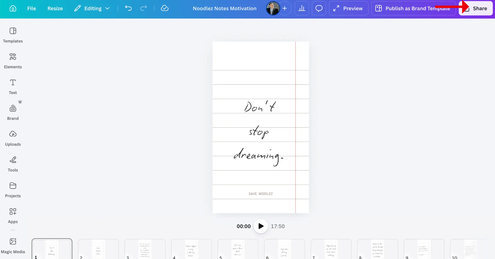 Canva editor with red arrow pointing at the Share button in the top right