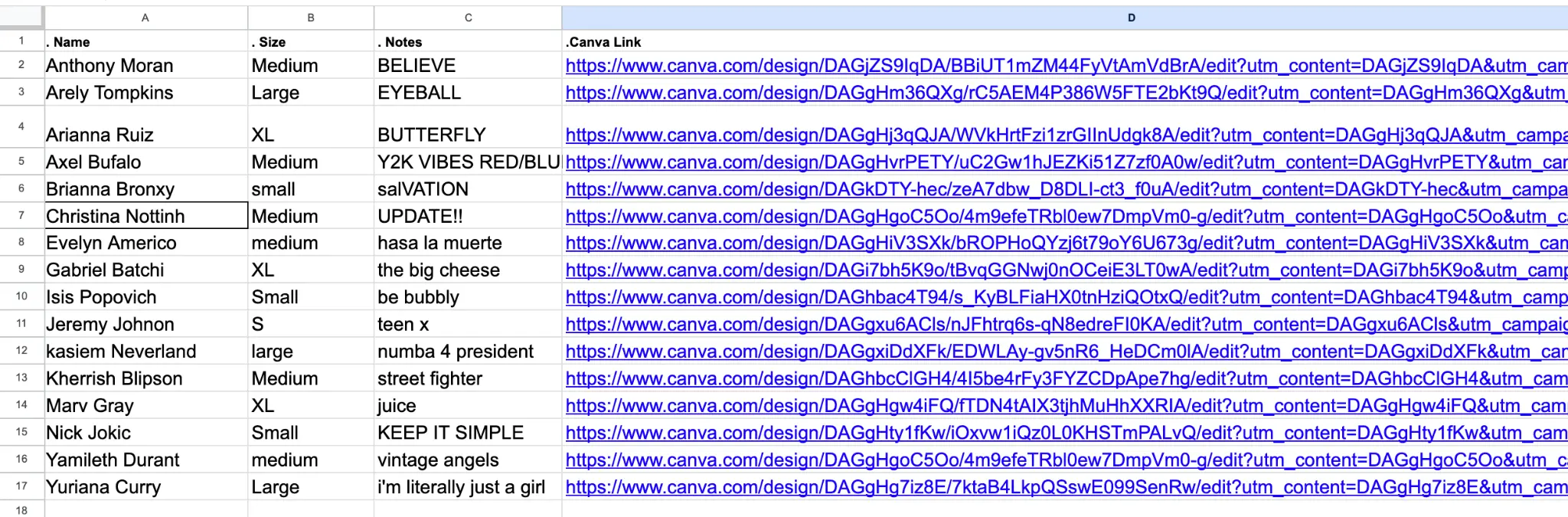 Google Sheet with student names, sizes, and Canva links